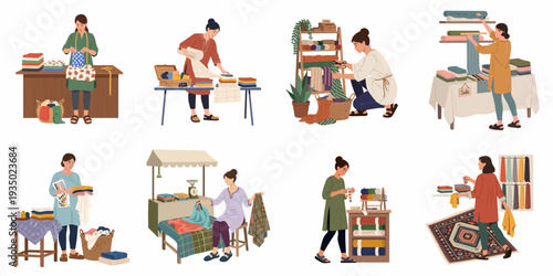 Textile Craftswomen and Artisans: Women engaged in fabric folding, cutting, measuring, and selling in a bustling market or small shop setting, showcasing traditional crafts.