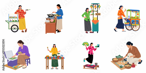 A collection of women selling traditional Indonesian street food and snacks, showcasing various preparation and serving methods.