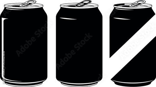 Aluminum beverage can silhouettes set showing full can, standard soda can and crushed can, drink container icons for packaging, recycling and beverage industry design
