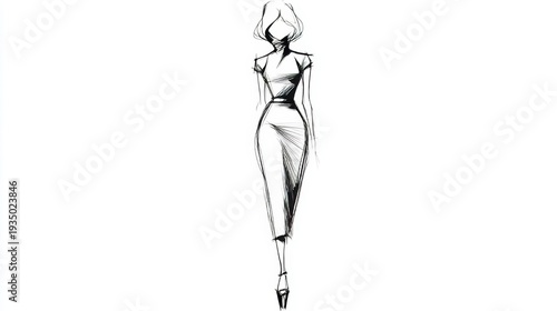 luxury fashion sketch, precise minimalist line art, refined silhouette, subtle attitude, white background, high-end brand illustration style