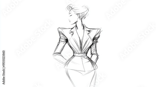 luxury fashion sketch, precise minimalist line art, refined silhouette, subtle attitude, white background, high-end brand illustration style