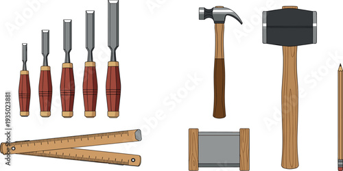 Carpentry and woodworking hand tools collection including chisels, hammer, mallet, ruler and pencil, traditional carpenter equipment vector illustration for construction, workshop and DIY craft