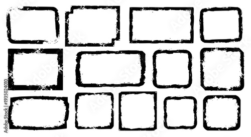Frames grungy hand drawn set with rough textured black borders, various shapes and sizes for design.