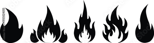 Five black flame icons on white background fire symbol
