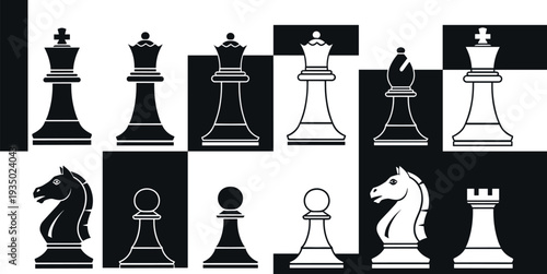 Chess pieces silhouette collection including king, queen, bishop, knight, rook and pawn in black and white, strategic board game icons isolated vector illustration.