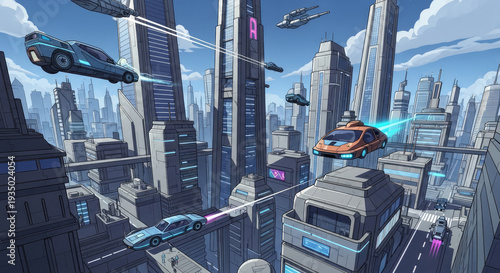A futuristic cityscape with flying cars and sleek skyscrapers under a blue sky with clouds isolated on white background