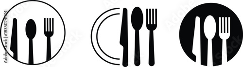 Three black and white icons of cutlery and plates for dining fork knife