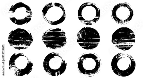 Circles grunge textured set with brush strokes and rough edges, abstract black elements featuring circle, imperfection,