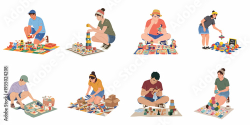 Diverse Individuals Engaging in Play, Organizing, and Crafting with Toys and Hobbies