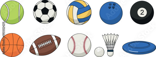 Collection of sports balls and equipment including tennis ball, soccer ball, volleyball, bowling ball, basketball, rugby ball, baseball, golf ball, shuttlecock and flying disc vector.