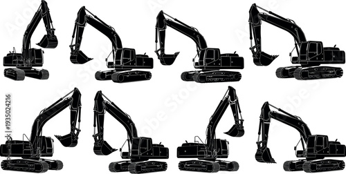 Collection of excavator silhouettes showing different angles of crawler construction digger machines, heavy equipment for excavation, mining, earthmoving and 