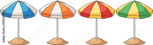 Colorful beach umbrellas set on sand, summer vacation parasol collection, seaside shade umbrella icons for tropical holiday travel, resort beach equipment vector illustration