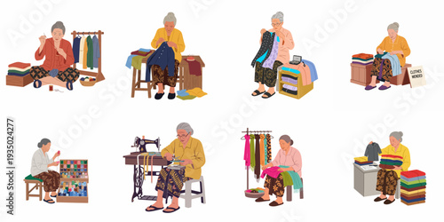 Skillful Elder Woman Mending, Sewing, and Caring for Clothes: A Series of Domestic and Tailoring Activities