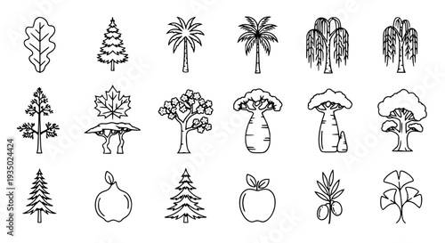 Trees set with various species and black outline designs featuring tree, forest, woodland with foliage and leaves