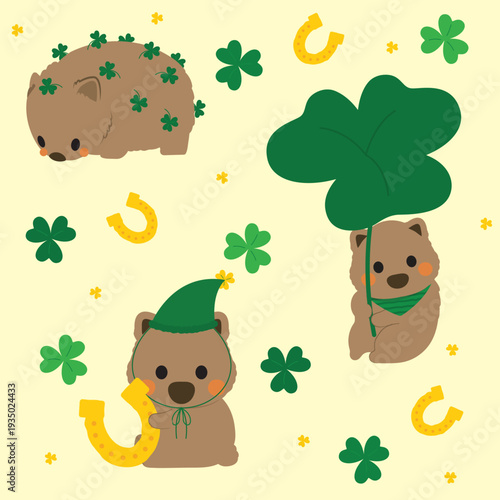 Adorable Wombat Irish Celebration Seamless Design – Clover & Golden Charm Repeat