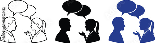 Illustration of people talking to each other with speech bubbles in different colors and silhouettes