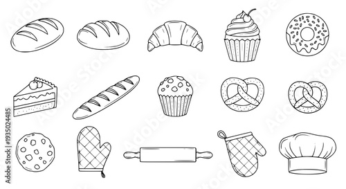 Bakery items set with bread, pastries, and kitchen tools in line art style featuring cupcake, donut, croissant with