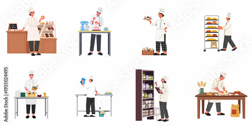 Diverse bakery activities: Illustrations of chefs making bread, decorating cakes, managing inventory, serving customers, and cleaning in a professional setting.