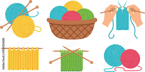 Colorful knitting yarn balls, needles and handmade knit swatches collection, cozy craft hobby vector set with basket of wool and knitting process illustration