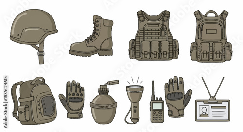 Military Equipment and Gear Set Illustration.
