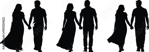 Silhouettes of couples walking hand in hand in different poses and directions together outside