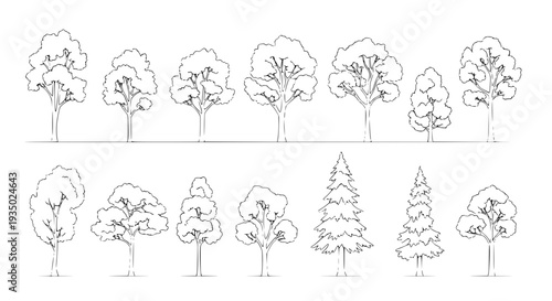 Trees line art set with various shapes and foliage black white minimalist featuring simple, tree silhouettes, botanical