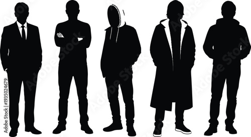 Five adult human silhouettes in various casual and formal clothing stand in a row