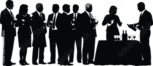 Silhouette of business people standing and talking at a networking event with wine and glasses
