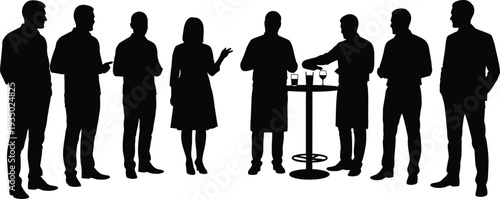 Silhouette of a group of people standing around a table with drinks  social gathering