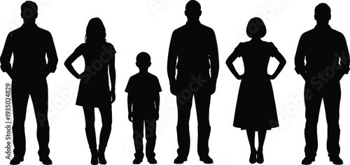 Silhouette of family with two adults and one child standing together in a line