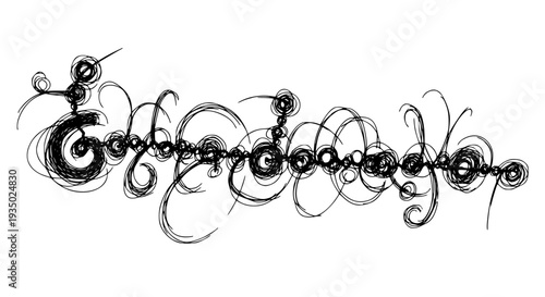 Ornate abstract line art with swirling loops and circular elements in a sketchy black and white style, creating a