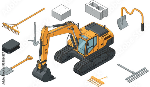 Construction excavator machine with building tools set including shovel, rake, brush, concrete blocks and gardening equipment isolated vector illustration for construction and landscaping projects.