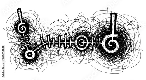 Tuning forks set with scribble swirls and abstract shapes featuring sound healing, vibration, music therapy with black