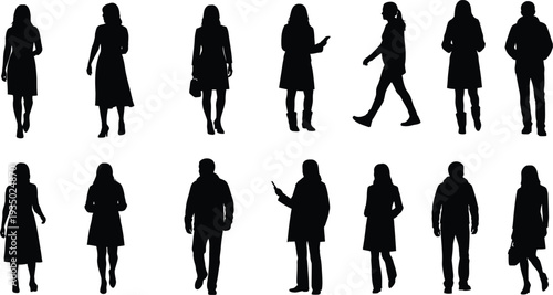 Set of black silhouettes of people walking and standing in various poses and outfits