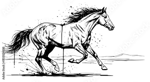 Horse running with flowing mane and tail in black and white illustration featuring dynamic, motion, animal with equine