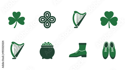 Traditional Irish symbols: clover, harp, pot of gold, shoe.