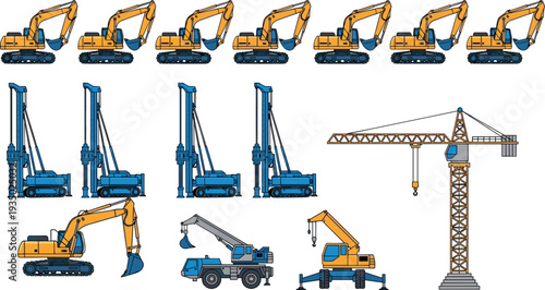 Construction machinery and heavy equipment collection with excavators, drilling rigs and tower crane, industrial building machines vector set for engineering, mining and construction projects