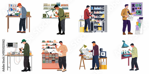 Electronics manufacturing, repair, and engineering illustrations showcasing various technical tasks like soldering, circuit design, and component assembly by skilled workers.