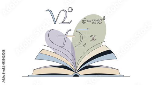 An open book, with scientific symbols on its pages.
