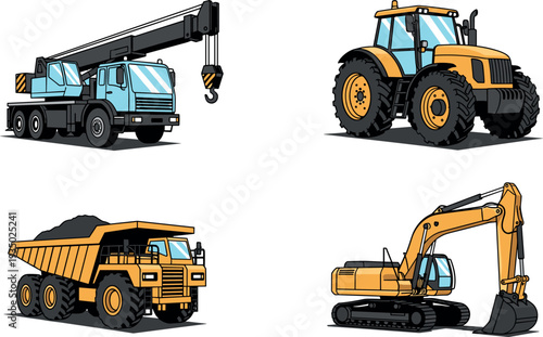 Construction machinery vector illustration set featuring mobile crane truck, agricultural tractor, mining dump truck and hydraulic excavator, heavy equipment vehicles for industry and engineering 