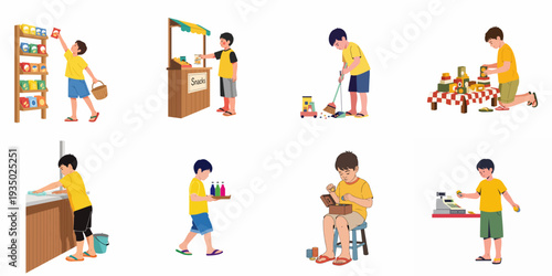 A collection of illustrations showing a young boy engaged in various tasks, from selling and cleaning to counting money, representing early work experience and financial literacy.