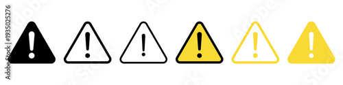 Warning triangle icons with exclamation mark in outline and solid styles. Safety alert symbols used for danger notice, risk indication, attention messages.