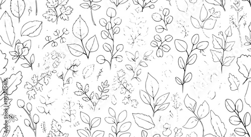 Leaves and plants hand drawn with intricate line art patterns featuring botanical, nature, sketch with drawing and