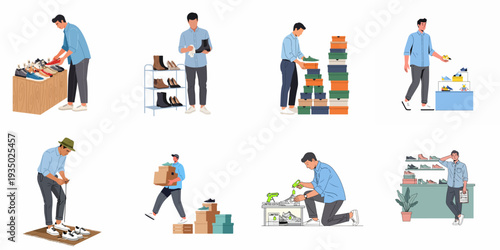 A man managing various tasks in a shoe store, including sales, inventory, cleaning, and display of footwear.