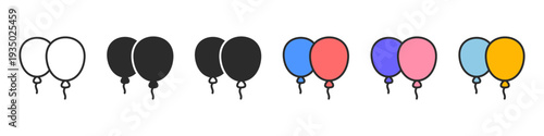 Party balloon icons in outline and solid styles with colorful variations. Minimal celebration symbols for birthday decoration, festival events and joyful occasions.