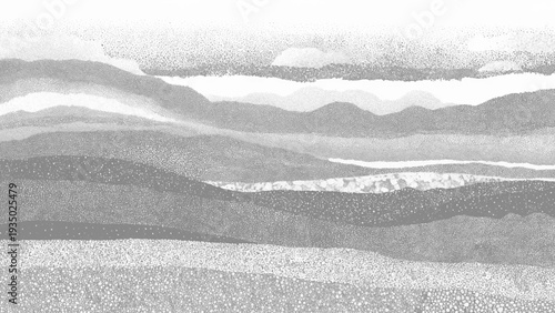 Monochrome landscape illustration with mountains and hills in a dotwork style