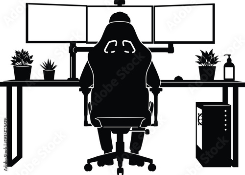 Black silhouette of a professional gamer at a triple monitor workstation with a gaming chair desk plants and pc tower for home office and esports gaming setup vector