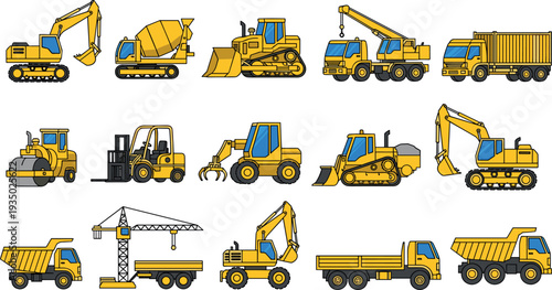Construction vehicles collection vector illustration featuring excavator, bulldozer, crane, dump truck, forklift and cement mixer heavy machinery icons for building, engineering 