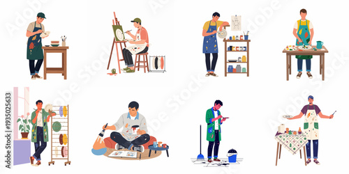 Collection of diverse male artists enjoying various creative hobbies like painting ceramics and canvases, illustrating artistic expression and DIY crafts.
