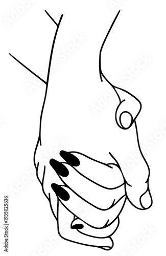 Black Line Art of Man and Woman Hands Firmly Clasped, Female Hand with Black Nails Supporting Male Hand, Strong Support Gesture